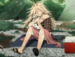  1girl blonde_hair cat chainsaw_man closed_eyes cooler cosiecottage dirty grass highres hug long_hair meowy_(chainsaw_man) messy_hair nude outdoors plaid_blanket power_(chainsaw_man) smile solo_focus sunlight twitter_username white_cat 