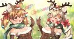 2girls animal_ear_fluff animal_ears breasts brown_eyes brown_hair cat_ears christmas cleavage coroha dress elbow_gloves extra_ears geoffroy&#039;s_cat_(kemono_friends) gloves grey_hair hair_ornament hat kemono_friends kemono_friends_v_project large-spotted_genet_(kemono_friends) long_hair looking_at_viewer multiple_girls one_eye_closed open_mouth ribbon santa_dress santa_hat scarf simple_background smile twintails virtual_youtuber 