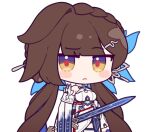  1girl bangs breasts brown_hair chibi china_dress chinese_clothes closed_mouth dress eta hair_ornament holding holding_sword holding_weapon honkai_(series) honkai_impact_3rd large_breasts li_sushang li_sushang_(jade_knight) long_hair pelvic_curtain simple_background smile solo sword twintails weapon white_background white_dress 