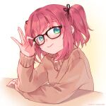  1girl :&gt; bangs brown_sweater glasses green_eyes hand_on_eyewear head_tilt highres kanucone kurosawa_ruby long_sleeves looking_at_viewer love_live! love_live!_sunshine!! pink_hair simple_background smile sweater table two_side_up white_background 