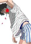  1boy arm_up black_hair boxers cowboy_shot facial_hair flower flower_in_mouth from_side kaneoya_sachiko leaning_forward looking_ahead male_focus male_underwear midriff_peek mouth_hold mustache original parted_lips petals rose shirt short_hair solo striped striped_shirt stubble t-shirt undershirt underwear 