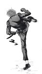  1boy absurdres blonde_hair collared_shirt curly_eyebrows facial_hair fighting_stance from_behind full_body goatee greyscale hair_over_one_eye highres kicking leg_up loose_necktie male_focus monochrome necktie no.6_(numberr_6) one_piece sanji_(one_piece) shirt short_hair solo speed_lines 