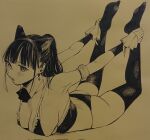  1girl :o animal_ears ass bangs bikini blush bow bowtie cat_ears commentary_request detached_collar earrings fake_animal_ears gagaimo highres jewelry legs_up long_hair lying monochrome no_shoes on_stomach original ponytail solo swimsuit teeth thighhighs tongue upper_teeth_only 
