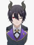  1boy ;| black_hair black_jacket brown_vest collared_shirt cropped_arms hair_between_eyes hajimari_no_kioku haruto_(hajimari_no_kioku) horns jacket lapel_pin looking_at_viewer male_focus red_eyes rozu_ki shirt short_hair simple_background solo straight-on upper_body vest white_background white_shirt 