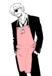  1boy apron blonde_hair collared_shirt curly_eyebrows expressionless facial_hair feet_out_of_frame goatee hair_over_one_eye hands_in_pockets head_tilt loose_necktie male_focus necktie no.6_(numberr_6) one_piece pink_apron sanji_(one_piece) shirt short_hair smoke smoking solo standing sunglasses 