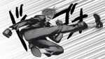  1boy absurdres collared_shirt curly_eyebrows facial_hair fighting_stance from_below goatee greyscale hair_over_one_eye highres jumping kicking leg_up male_focus monochrome no.6_(numberr_6) one_piece sanji_(one_piece) shirt short_hair solo speed_lines 