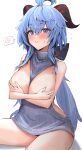  1girl absurdres ahoge alternate_costume bangs bare_arms bare_shoulders between_breasts blue_hair bow breasts breasts_out clothes_between_breasts commentary_request covering covering_breasts flying_sweatdrops ganyu_(genshin_impact) genshin_impact goat_horns grey_sweater hair_between_eyes hair_bow hands_on_own_chest highres horns large_breasts long_hair looking_at_viewer meme_attire ponytail raw_egg_lent sidelocks simple_background sitting sleeveless solo speech_bubble spoken_blush sweat sweater thighs turtleneck turtleneck_sweater virgin_killer_sweater white_background 