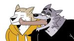  2022 animated anthro ash_(st4rsbucks) black_clothing black_shirt black_topwear canid canine canis clothing dirt_(st4rsbucks) duo face_lick fur grey_body grey_fur half-closed_eyes hoodie humor licking long_tongue male male/male mammal multicolored_body multicolored_fur narrowed_eyes shirt simple_background st4rsbucks tan_body tan_fur tongue tongue_out topwear two_tone_body two_tone_fur white_background wolf yellow_clothing 