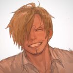  1boy ^_^ blonde_hair closed_eyes collared_shirt curly_eyebrows facial_hair goatee grin hair_over_one_eye happy highres male_focus no.6_(numberr_6) one_piece portrait sanji_(one_piece) shirt short_hair sketch smile solo 