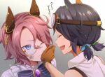  2girls animal_ears ayame_iro_(toumei_dolce) black_hair blue_eyes blush bow bowtie brooch brown_gloves brown_hair closed_eyes closed_mouth dirty dirty_face ear_covers gloves goggles goggles_on_head gradient gradient_background hand_on_another&#039;s_cheek hand_on_another&#039;s_face highres horse_ears jewelry looking_at_another low_twintails monocle multiple_girls narita_taishin_(difference_engineer)_(umamusume) narita_taishin_(umamusume) official_alternate_costume open_mouth shirt short_hair short_twintails sleeveless sleeveless_shirt smile translated twintails umamusume upper_body white_shirt wings_of_iron:_hazy_tales_(umamusume) winning_ticket_(dream_deliverer)_(umamusume) winning_ticket_(umamusume) 