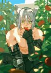  1boy absurdres animal_ears avatar_(ff14) cat_boy cat_ears dappled_sunlight eating elbow_gloves fan_mu_zhang final_fantasy final_fantasy_xiv fingerless_gloves food gloves green_eyes highres holding holding_food holding_vegetable looking_at_viewer male_focus miqo&#039;te navel open_mouth pants short_hair slit_pupils solo squatting sunlight sweat teeth tomato topless_male vegetable white_hair 