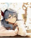  1girl ako_(blue_archive) arm_rest blue_archive blue_hair blurry bokeh depth_of_field earrings fur_jacket halo jacket jewelry letterboxed looking_at_viewer picter solo stud_earrings 