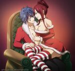  1boy 1girl arya-aiedail blue_eyes blue_hair breasts chair couple dress erza_scarlet facial_mark fairy_tail hair_between_eyes hetero jellal_fernandes long_hair looking_at_another naughty_face open_clothes open_shirt red_background red_hair santa_costume santa_dress short_hair sitting sitting_on_lap sitting_on_person smile spiked_hair tattoo thighhighs zettai_ryouiki 
