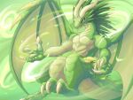  2022 2_horns 3_fingers 3_toes anthro belly_scales claws cygames digital_media_(artwork) dragalia_lost dragon facial_spikes feet fingers green_background green_body green_hair green_scales hair hi_res horn male markings membrane_(anatomy) membranous_wings midgardsormr_(dragalia_lost) muscular muscular_anthro muscular_male nintendo pecs red_eyes scales scalie serious simple_background soasushi solo spikes spikes_(anatomy) thick_tail toes video_games wing_spikes wings yellow_markings 