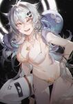  1girl :d animal_ears arknights bangs bare_arms bare_shoulders black_background breasts commentary_request cowboy_shot grey_eyes grey_hair hair_between_eyes hair_ornament hairclip highres jewelry kuroduki_(pieat) lappland_(arknights) large_breasts long_hair looking_at_viewer navel open_mouth pendant simple_background smile solo standing stomach thighs very_long_hair wolf_ears 