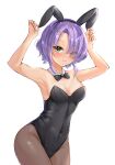  1girl 3: animal_ears arms_up bangs bare_arms bare_shoulders black_bow black_bowtie blush bow bowtie breasts brown_pantyhose cafe_stella_to_shinigami_no_chou choker cleavage cropped_legs embarrassed eyebrows_hidden_by_hair eyelashes green_eyes groin hair_over_one_eye highres hiuchidani_mei holding_ears looking_at_viewer medium_breasts multiple_hairpins navel ncontrail_(mgax7527) pantyhose parted_bangs playboy_bunny purple_hair rabbit_ears short_hair_with_long_locks simple_background solo standing tan tanlines white_background white_choker yuzu-soft 