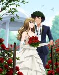  1boy 1girl absurdres bangs blonde_hair blue_eyes brown_eyes couple cowboy_bebop dress flower formal green_hair hetero highres julia_(cowboy_bebop) lilia non-web_source rose spike_spiegel suit wedding wedding_dress 