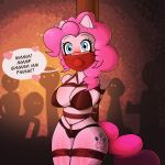  &lt;3 anthro bdsm big_breasts blush bondage bound breasts crotch_rope cutie_mark dialogue earth_pony english_text equid equine female friendship_is_magic gag group hasbro hi_res horse looking_at_viewer mammal my_little_pony open_mouth otm_gag pinkie_pie_(mlp) pony restraints rope rope_bondage solo_focus text tied_to_pole zeecibee 