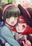  2girls :d bangs bell black_headwear black_jacket blurry blurry_background brown_vest chabashira_tenko choker collared_shirt danganronpa_(series) danganronpa_v3:_killing_harmony donutous dress_shirt flower green_eyes green_hairband green_shirt grey_shirt hair_ornament hairband hat highres hug index_finger_raised jacket long_hair looking_at_viewer multiple_girls neck_bell open_clothes open_jacket open_mouth pink_choker pink_hairband red_eyes red_hair sailor_collar shiny shiny_hair shirt short_hair smile star_(symbol) star_hair_ornament upper_body vest white_sailor_collar white_shirt witch_hat yumeno_himiko 