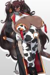  1girl absurdres animal_print bell big_belly blush boots breasts breasts_out brown_hair coat cow_print cow_tail cowbell crotch_cutout dark-skinned_female dark_elf dark_skin ear_tag elf fake_horns frown fur_trim glaring gloves gradient gradient_background hairband hand_on_hip heart highres horns huge_breasts konoshige_(ryuun) lactation long_coat long_hair long_pointy_ears neck_bell nipple_tassels open_clothes open_coat original partially_visible_vulva pasties pointy_ears pregnant purple_eyes sheath sheathed simple_background solo sweat sword tail twintails very_long_hair weapon white_gloves 