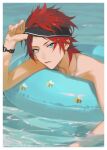  1boy adjusting_clothes adjusting_headwear amagi_rinne blue_eyes blue_innertube border earrings english_text ensemble_stars! eyokiki in_water jewelry looking_at_viewer male_focus necklace open_mouth red_hair short_hair white_border 