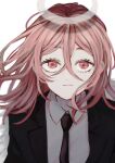  1boy angel_devil_(chainsaw_man) angel_wings black_jacket black_necktie chainsaw_man collared_shirt hair_between_eyes halo highres jacket long_hair looking_at_viewer messy_hair necktie pink_hair shirt simple_background solo white_background white_shirt wings woruworu_61 
