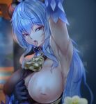  1girl absurdres ahoge armpits artist_name bell black_bodysuit black_gloves blue_hair blurry blurry_background blurry_foreground bodysuit bodysuit_aside breasts cowbell detached_sleeves flower ganyu_(genshin_impact) genshin_impact gloves goat_horns hair_between_eyes highres horns inverted_nipples large_breasts long_hair looking_at_viewer manami030 one_breast_out open_mouth presenting_armpit purple_eyes solo sweat tongue tongue_out upper_body white_sleeves 