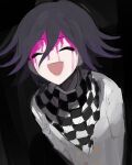  1boy :d bangs black_background black_hair blood blood_on_face checkered_clothes checkered_scarf closed_eyes danganronpa_(series) danganronpa_v3:_killing_harmony facing_viewer grey_jacket hair_between_eyes highres jacket kkochi_(k_dk170) medium_hair open_mouth ouma_kokichi pink_blood scarf smile solo 