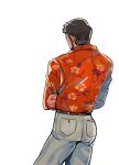  1boy ass beard character_request crossed_arms facial_hair feet_out_of_frame from_behind hawaiian_shirt highres husagin looking_away male_focus orange_shirt pants ryuu_ga_gotoku_(series) shirt solo standing white_pants 