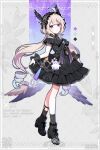  1girl ahoge ankle_boots black_bag black_dress black_footwear black_socks boots brown_hair dress drill_locks enna_alouette head_wings highres looking_at_viewer low_twintails low_wings nijisanji nijisanji_en off-shoulder_dress off_shoulder purple_eyes see-through_cuffs smile socks solo twintails virtual_youtuber waka_(wk4444) wings wrist_cuffs 