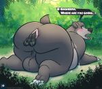  2022 all_fours anal anal_vore anthro anus bagheera_(jungle_book) balls baloo bear big_butt blush butt claws dialogue disney duo fangs felid fur genitals half-closed_eyes jungle looking_back male mammal narrowed_eyes nude open_mouth outside pantherine paws raised_tail short_tail speech_bubble tanio teeth text the_jungle_book toe_claws tongue tongue_out vore 