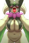  absurd_res anthro big_breasts breasts female fur generation_9_pokemon green_body green_fur hi_res meowscarada navel nintendo nobunagapero pokemon pokemon_(species) simple_background solo tongue tongue_out video_games white_background 