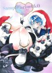  1girl arim0k0 artist_name ass black_capelet black_gloves blue_eyes blue_hair book capelet doremy_sweet fur_trim gloves hat heart highres holding holding_book looking_at_viewer nightcap panties pom_pom_(clothes) red_headwear sample_watermark solo tail tapir_tail touhou traditional_media underwear white_footwear white_panties 