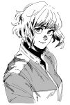  1girl greyscale high_collar jacket kaneoya_sachiko looking_at_viewer monochrome original short_hair sidelocks smile solo turtleneck upper_body 