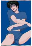  1boy black_hair blood blue_background blue_theme facial_hair kaneoya_sachiko looking_to_the_side male_focus messy_hair midriff_peek mustache nosebleed original parted_lips shirt short_hair short_sleeves shorts solo stubble t-shirt undressing 