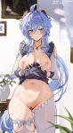  1girl ahoge alternate_costume apron apron_lift ass_visible_through_thighs asymmetrical_legwear bangs black_apron blue_hair blurry blurry_foreground blush bow breasts breasts_apart bridal_garter censored clothes_lift clothing_cutout covered_nipples fanbox_username frilled_apron frilled_garter frills ganyu_(genshin_impact) genshin_impact gradient_eyes hair_between_eyes heart heart_censor heart_necklace highres indoors jewelry large_breasts lifted_by_self long_hair long_sleeves looking_at_viewer multicolored_eyes navel necklace nipples no_panties paid_reward_available painting_(object) parted_lips patreon_username ponytail purple_eyes pussy shoulder_cutout shrug_(clothing) sidelocks simao_(x_x36131422) skindentation solo stomach table thick_thighs thighhighs thighs uneven_legwear vase very_long_hair waist_apron web_address white_bow white_sleeves white_thighhighs 