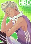  1boy blonde_hair character_name dark-skinned_male dark_skin dated frown green_background green_eyes hand_on_own_cheek hand_on_own_face kazuki_sara kirishima_takuma looking_at_viewer popped_collar purple_shirt ryman&#039;s_club shirt short_hair sitting sleeveless sleeveless_shirt solo sportswear tan 