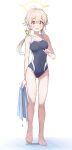 1girl :o absurdres barefoot blue_archive blush collarbone covered_navel feet full_body groin halo hifumi_(blue_archive) hifumi_(swimsuit)_(blue_archive) highres holding holding_towel karikura_(atatata71) legs light_brown_hair long_hair looking_at_viewer one-piece_swimsuit round_teeth school_swimsuit solo swimsuit teeth toenails toes towel twintails water_drop wing_hair_ornament 