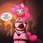  &lt;3 anthro bdsm big_breasts bikini blush bondage bound breasts cleave_gag clothing crotch_rope cutie_mark dialogue earth_pony english_text equid equine female friendship_is_magic gag gagtalk group hasbro hi_res horse looking_at_viewer mammal muffled_speech my_little_pony open_mouth pinkie_pie_(mlp) pony restraints rope rope_bondage solo_focus swimwear text tied_to_pole zeecibee 