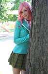  1girl airbrushed akashiya_moka akashiya_moka_(cosplay) cosplay highres photo pink_hair real rosario+vampire smile solo 