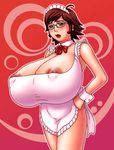  apron blush bow breasts brown_hair cleavage cuffs female gigantic_breasts glasses headdress huge_breasts maid maid_apron maid_headdress maid_outfit nipples open_mouth short_hair solo standing wrist_cuffs 