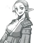  armor artist_request breasts cleavage elf elvaan fang final_fantasy final_fantasy_xi greyscale large_breasts monochrome pointy_ears sketch solo 