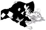  1boy 1girl bandage black_hair blush bra female haruno_sakura hetero licking lying male monochrome nami86 naruto on_back open_clothes outline straight uchiha_sasuke underwear 