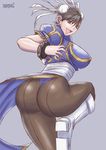  1girl ass backboob bad_anatomy bracelet breasts brown_hair bun_cover capcom china_dress chinadress chinese_clothes chun-li cuffs double_bun double_buns dress earrings hair_buns jewelry large_breasts leg_up legs open_mouth pantyhose papepox2 short_hair smile solo spiked_bracelet spikes stockings street_fighter thighhighs 