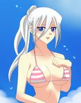  1girl bikini blue_eyes blush breasts cleavage female kisara outdoors ponytail sky solo swimsuit white_hair yu-gi-oh! yuu-gi-ou_duel_monsters 