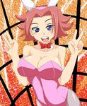  animal_ears blue_eyes blush breasts bunny_ears bunny_girl bunnysuit cleavage code_geass female highres kallen_stadtfeld leotard open_mouth pantyhose red_hair short_hair smile solo v 