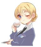  1girl ;d bangs black_neckwear blonde_hair blue_eyes blue_sweater blush braid closed_mouth commentary_request cup darjeeling dress_shirt emblem eyebrows_visible_through_hair girls_und_panzer holding holding_cup holding_saucer kumasawa_(dkdkr) long_sleeves necktie one_eye_closed open_mouth saucer school_uniform shirt short_hair simple_background smile solo st._gloriana&#039;s_(emblem) st._gloriana&#039;s_school_uniform sweater teacup tied_hair twin_braids v-neck white_background white_shirt wing_collar 