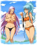  2girls aliasse bare_shoulders big_breasts bikini blue_eyes blue_hair blush breasts earrings female flat_chest fura jewelry juliana_eberhardt large_breasts long_hair looking_down midriff multiple_girls open_mouth pink_hair red_eyes senjou_no_valkyria senjou_no_valkyria_2 sky swimsuit water yuliana_eberhart 