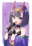  1girl absurdres black_hair eating ehoumaki fang fate_(series) food hair_ornament highres japanese_clothes looking_at_viewer makizushi obi oni oni_horns purple_eyes sash setsubun short_hair shuten_douji_(fate/grand_order) solo sushi yakigohan_(ykms_28) 