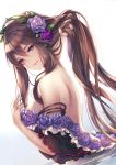  1girl aoi_(kirabosi105) back bangs bare_shoulders blush breasts brown_hair dress flower granblue_fantasy hair_between_eyes hair_flower hair_ornament hairband hand_in_hair hand_up highres jewelry large_breasts long_hair looking_at_viewer off_shoulder purple_eyes purple_flower purple_rose ripples rose rosetta_(granblue_fantasy) shoulder_blades sidelocks smile solo very_long_hair wading 